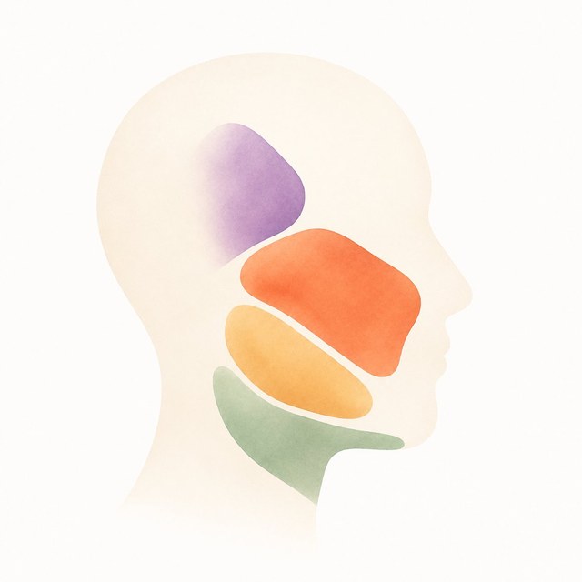 Perfil de cara con zonas de cambio durante la pérdida de peso: frente, mejillas, mandíbula, cuello.