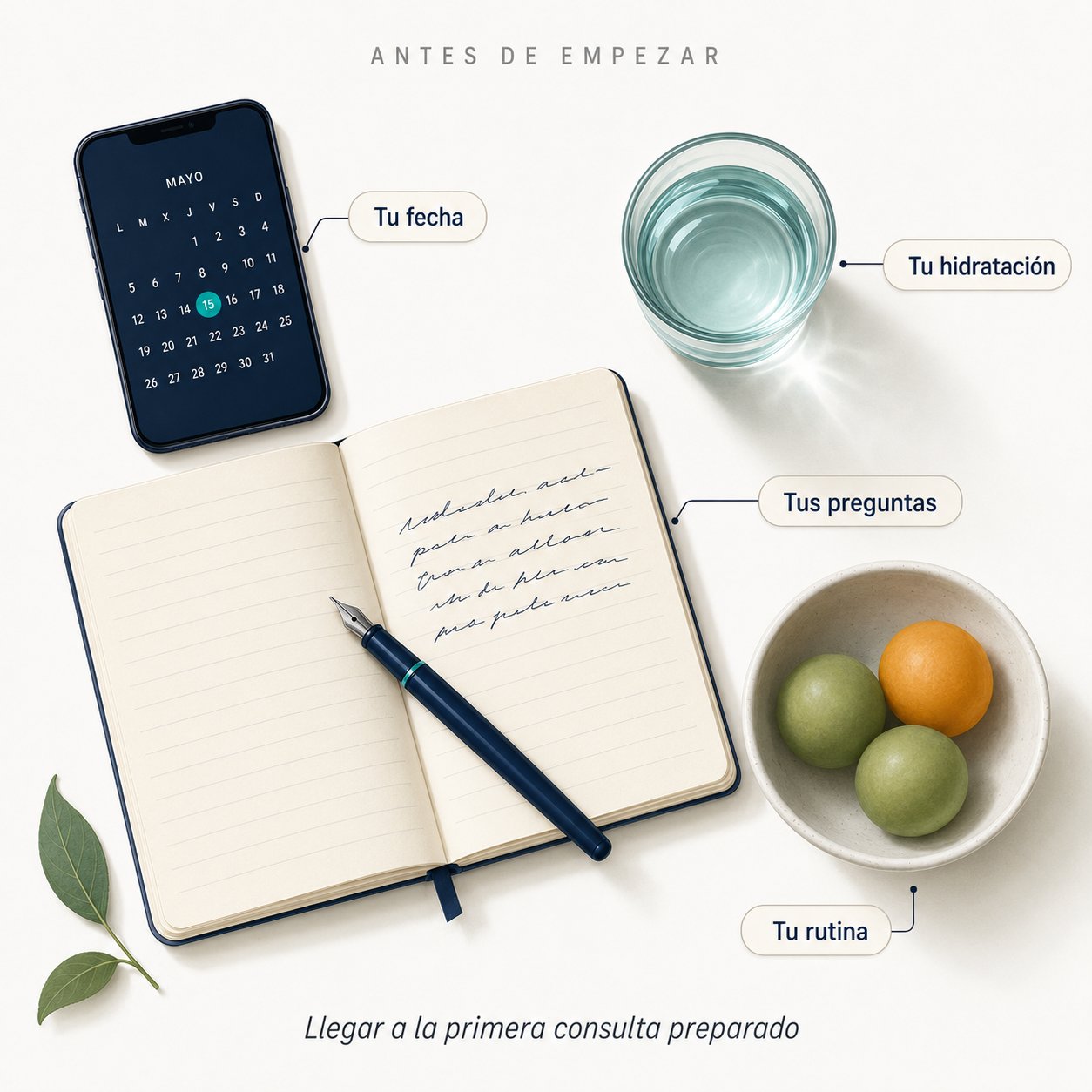 Composición con cuaderno, pluma, vaso de agua, bol de fruta y móvil. Preparación antes de empezar el tratamiento.