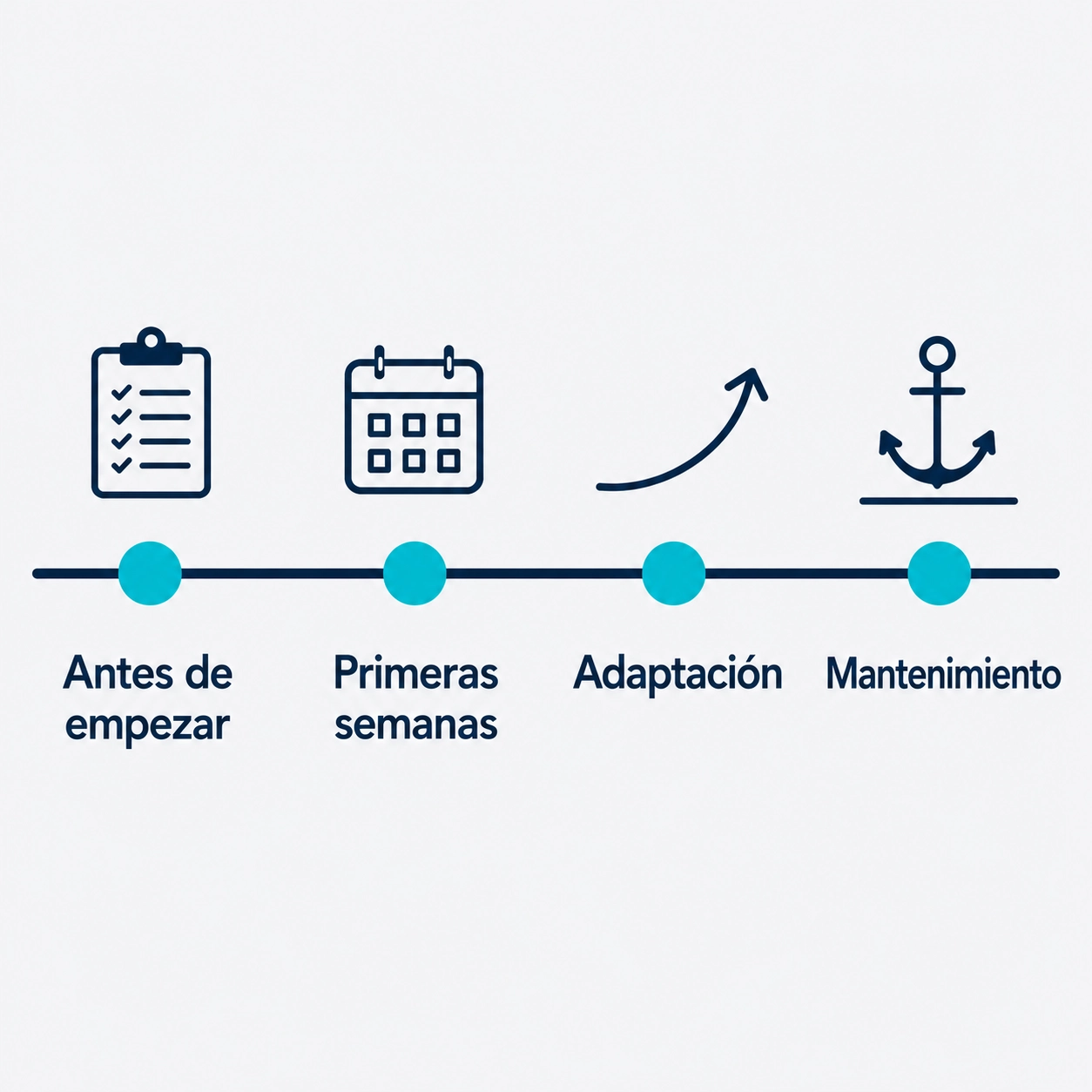 Cronología de cuatro fases: antes de empezar, primeras semanas, adaptación y mantenimiento.