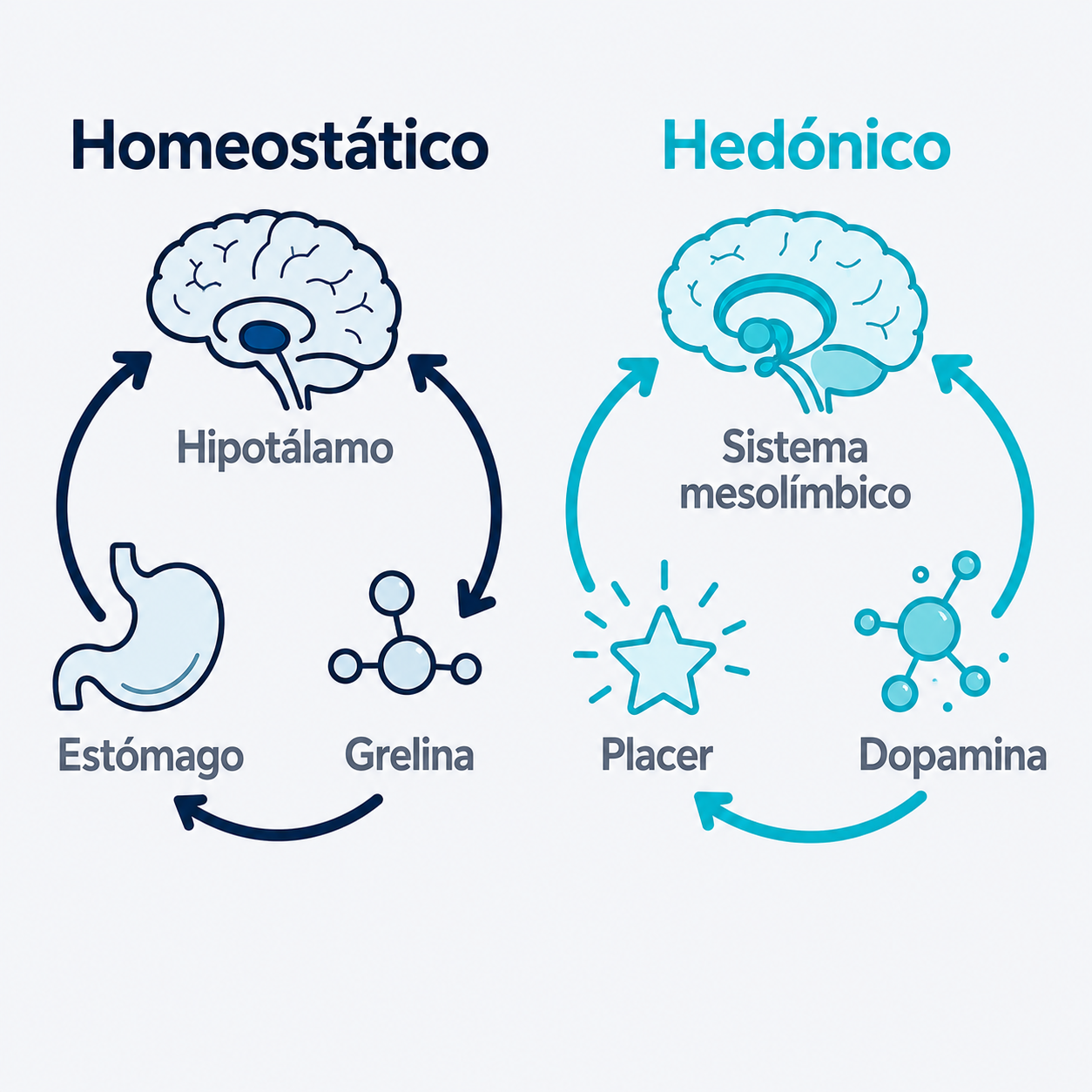 Dos bucles biológicos: el homeostático (hipotálamo, estómago, grelina) y el hedónico (mesolímbico, dopamina, placer).