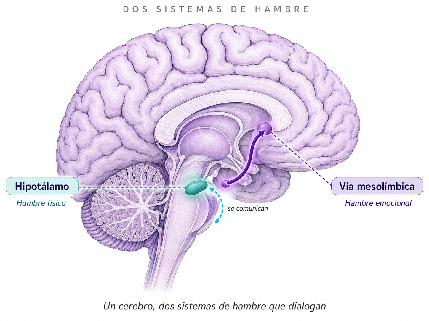 Los dos sistemas de hambre del cerebro: hipotálamo y grelina (homeostática) y sistema mesolímbico (hedónica).
