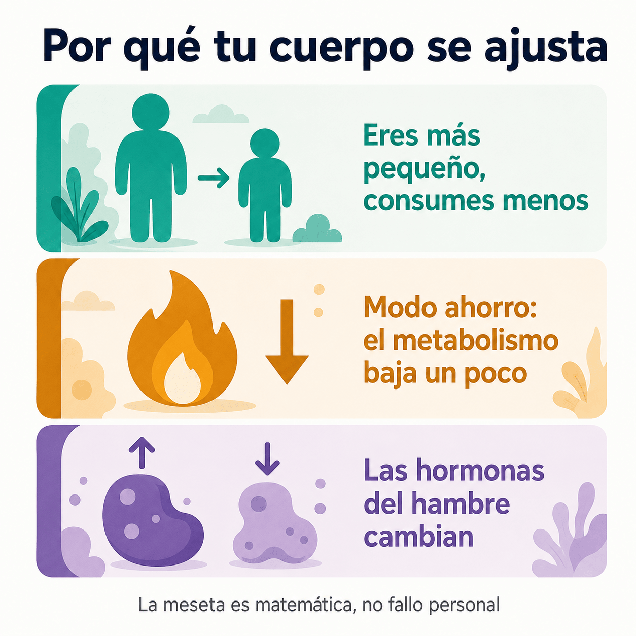 Tres razones por las que el cuerpo se ajusta al perder peso: un cuerpo más pequeño consume menos, el metabolismo baja un poco y las hormonas del hambre cambian.